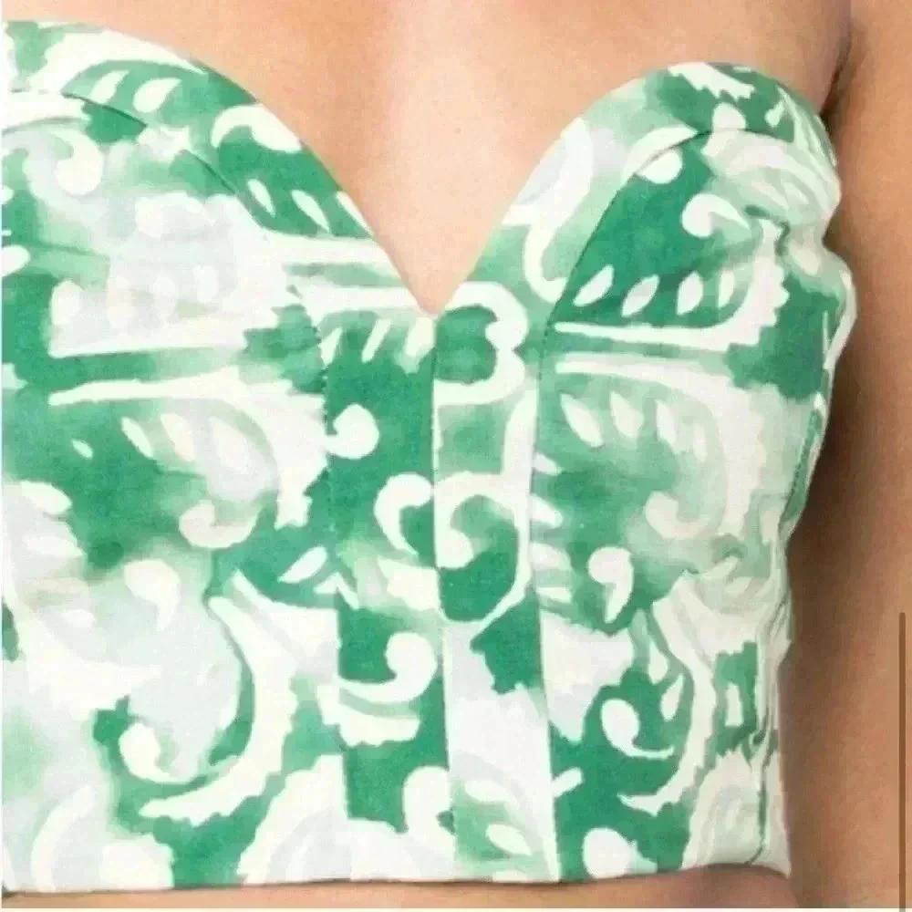 Alexis Isola Printed Bustier Small S Sage Cropped Top Strapless Sweetheart linen - Picture 5 of 9